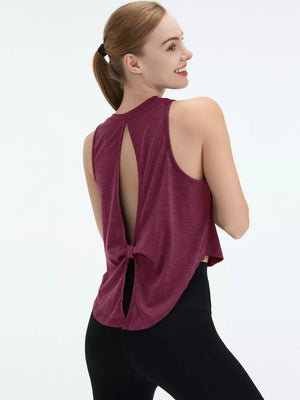 Maroon heathered sleeveless tank top with open back and tie detail