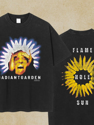 Black distressed graphic tee with Gadiantgarden print on front and Flame Hole Sun on back.