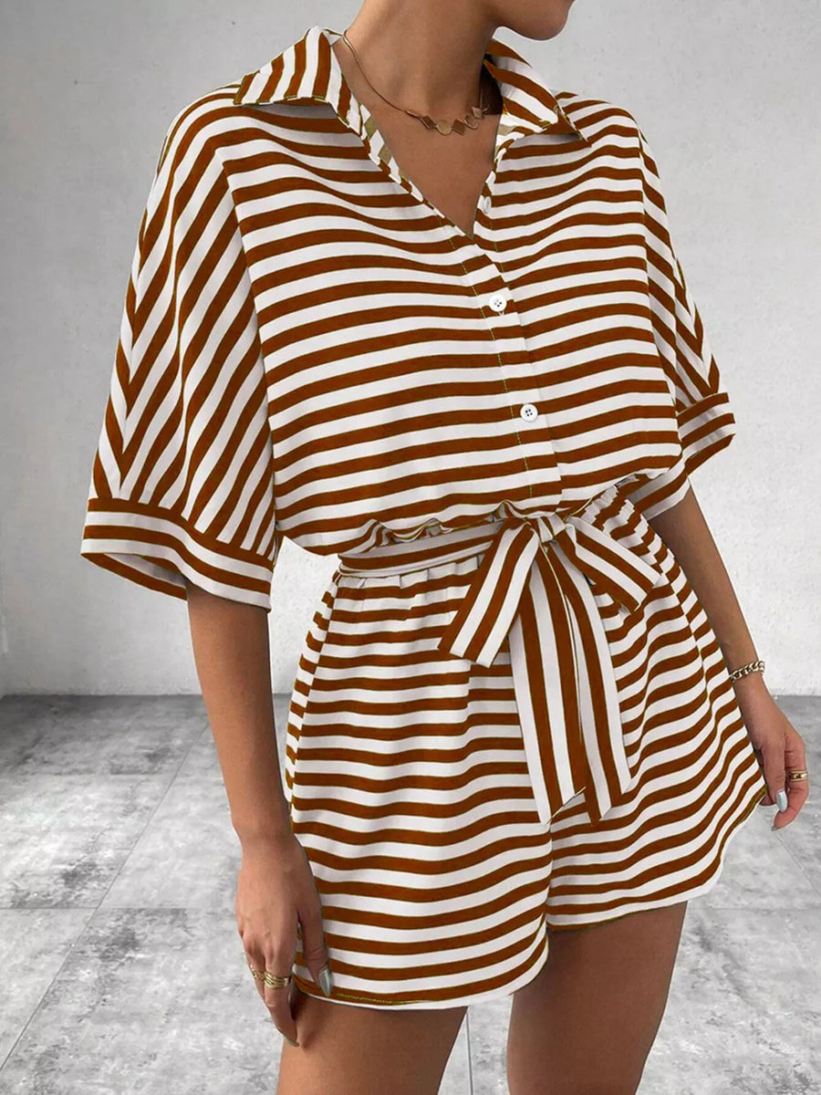 Striped Button Front Half Sleeve Romper in Dark Blue, view 13