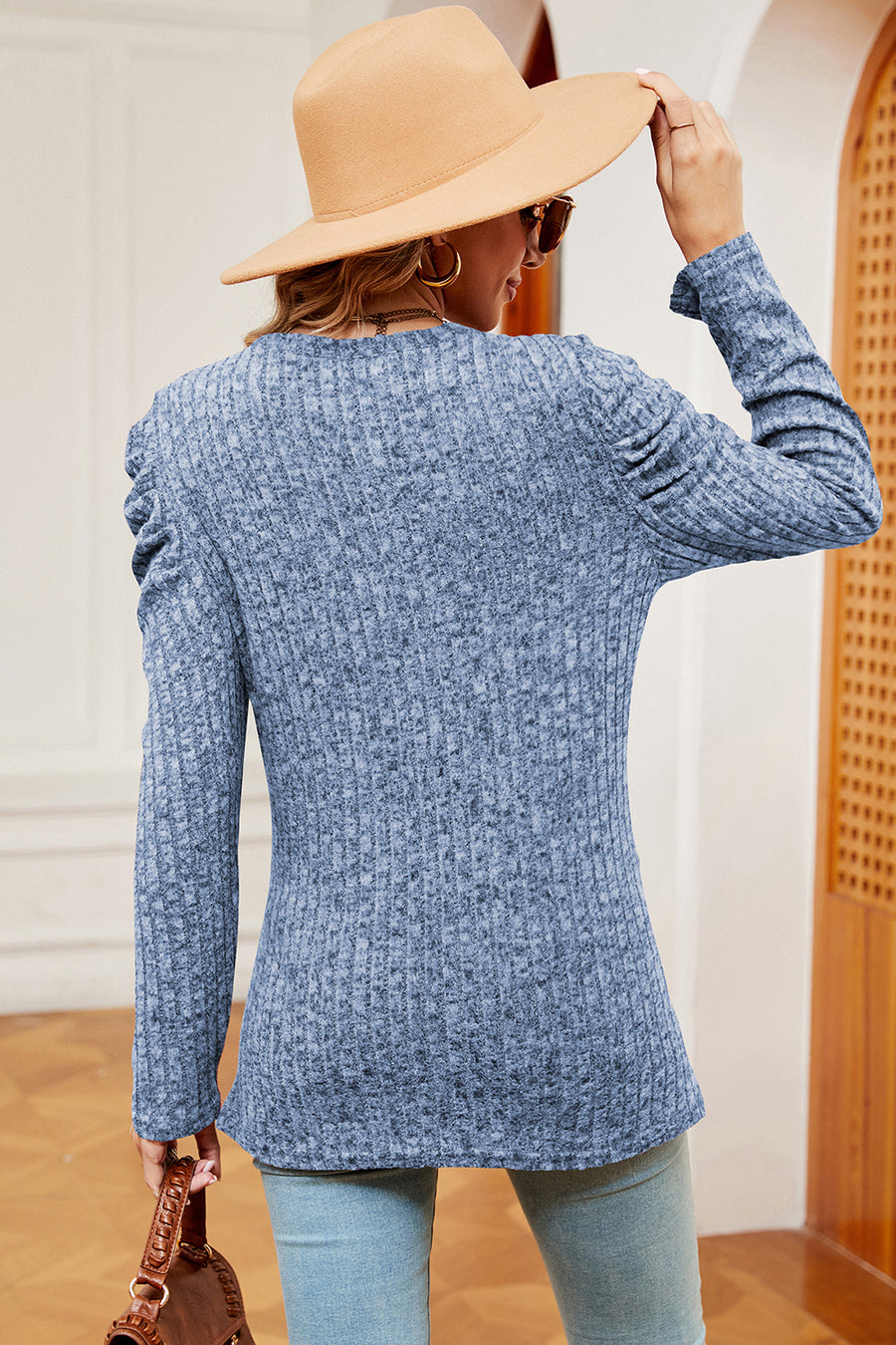 Textured knit blouse in dusty blue with ruched sleeve detail