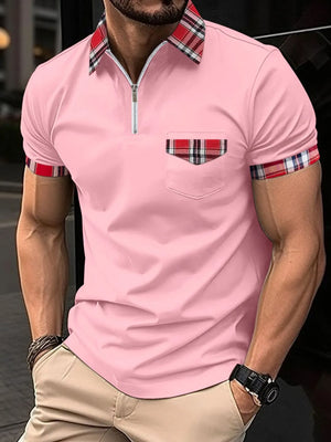 Dusty Pink polo shirt with plaid trim on collar, pocket, and sleeves.