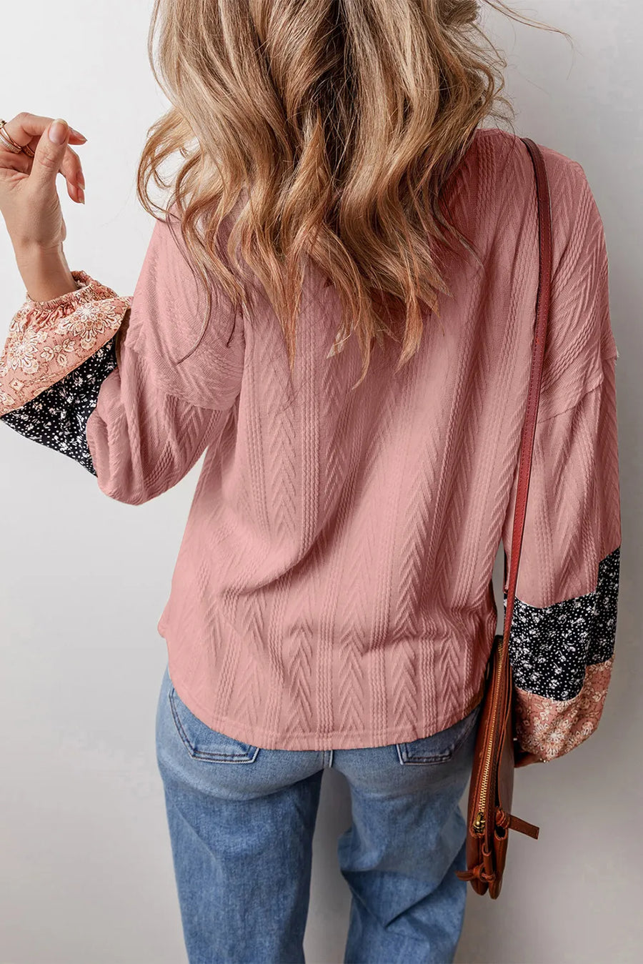 Dusty Pink textured sleeve blouse with mixed print cuffs and a relaxed fit.