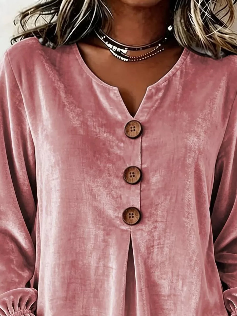 Light Blue Velvet Button Decor Blouse With Ruffled Cuffs