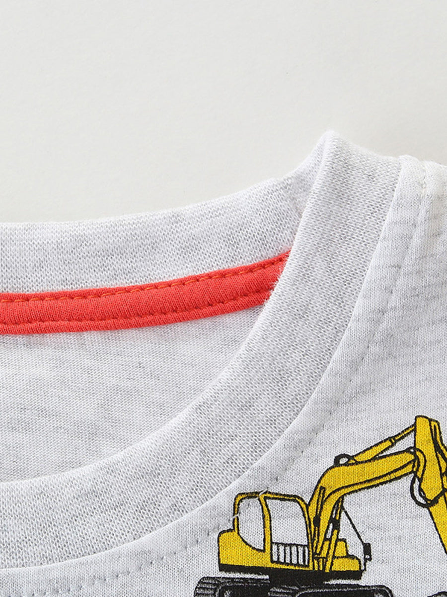 Toddler grey cotton t-shirt with yellow excavator graphic and red neckline trim.