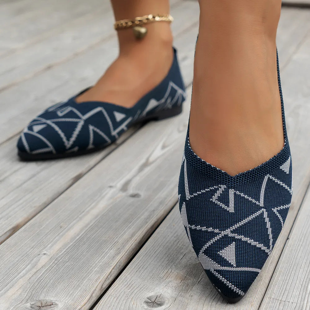 Dark Navy geometric knit pointed ballet flats with a V-cut vamp.