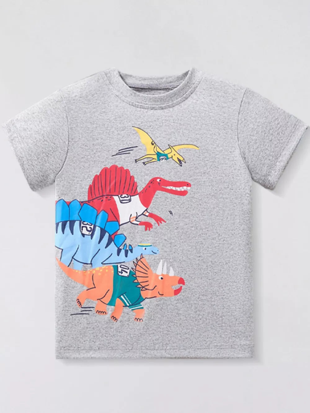 Grey t-shirt with short sleeves and a crew neck featuring a colorful dinosaur graphic print.