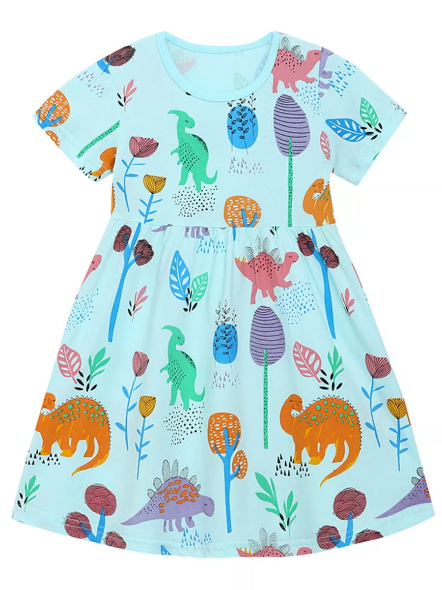Light blue cotton dress with short sleeves and a dinosaur and floral print.