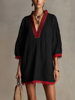 bohemian mini dress in Black with notched
