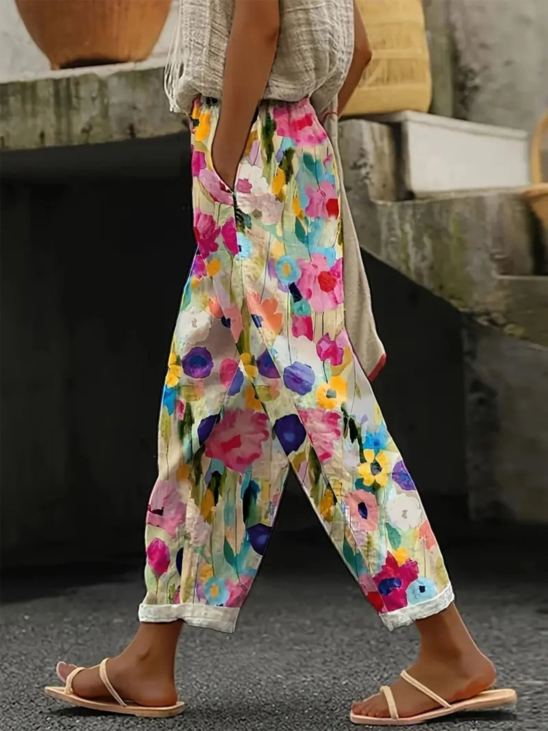 Multicolor wide-leg pants with ankle-length and elastic