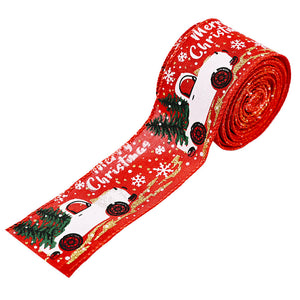 Red ribbon with white trucks, Christmas trees, and snowflakes
