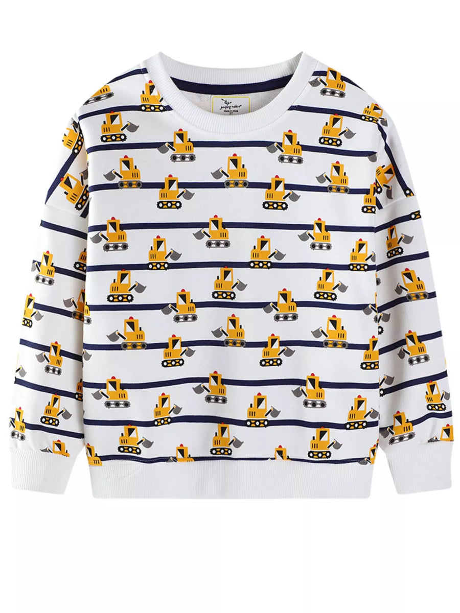 Baby crew neck sweatshirt in ivory with excavator print and navy stripes.