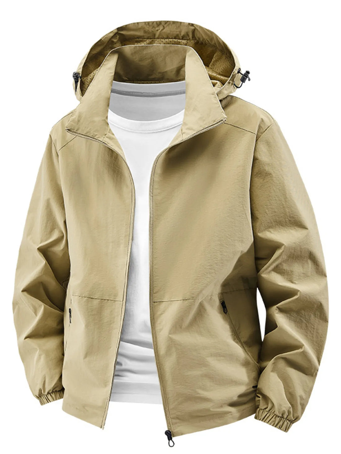 Khaki hooded windbreaker jacket with zip closure and pockets
