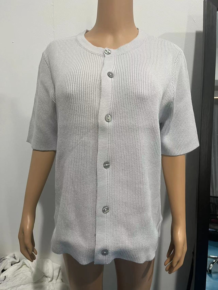 Slightly cropped gray ribbed button-down cardigan with short sleeves.