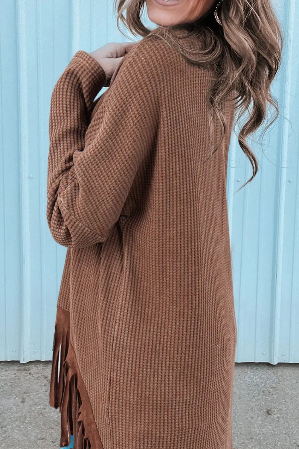 Vonili Brown Waffle Knit Fringe Hem Top