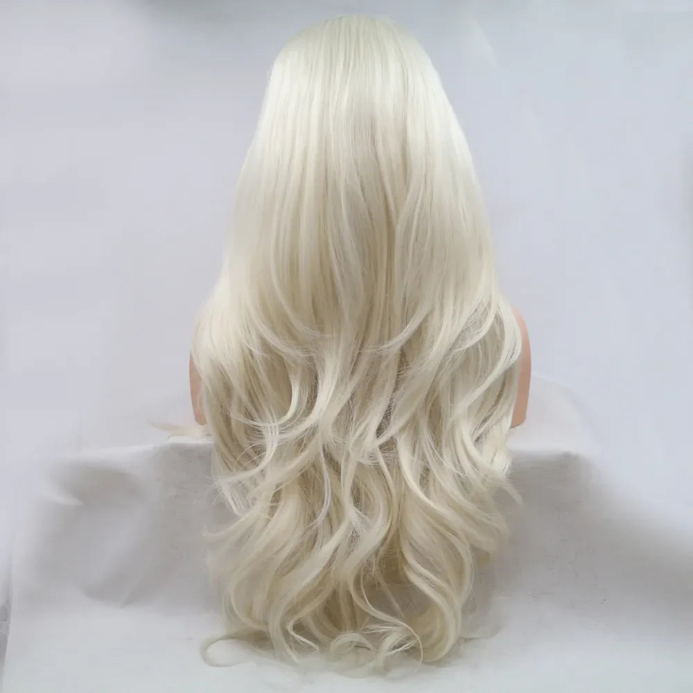Blond lace front wig with long, layered wavy hair cascading down.