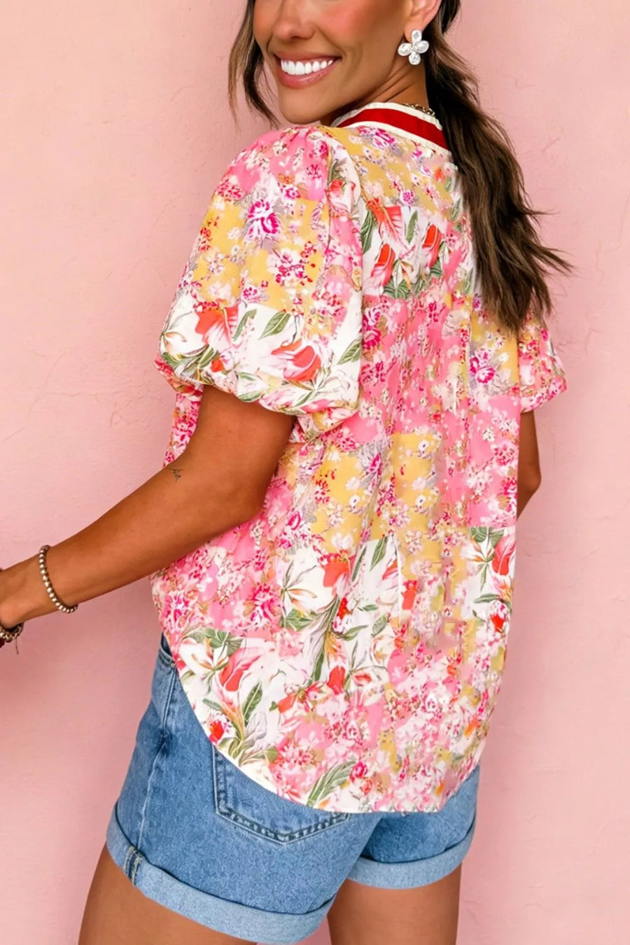 Floral with Contrast Collared V Neck Short Sleeve Floral Blouse