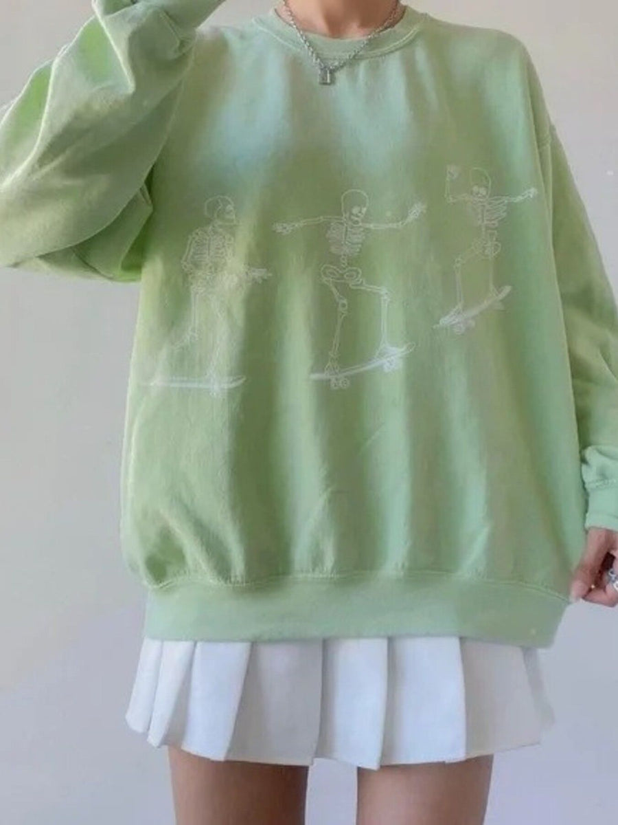 Skeleton Graphic Round Neck Sweatshirt in Light Gray