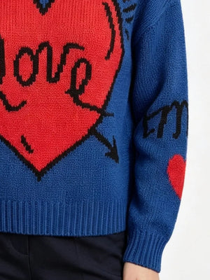 Pink with Heart Round Neck Ribbed Sweater