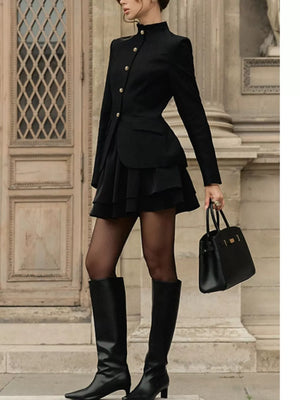Black with Elegant Stand Collar Blazer And Mini Skirt Set