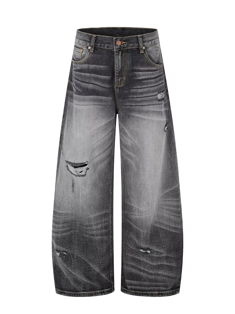 Men's black distressed wide-leg jeans with a faded wash and ripped details.