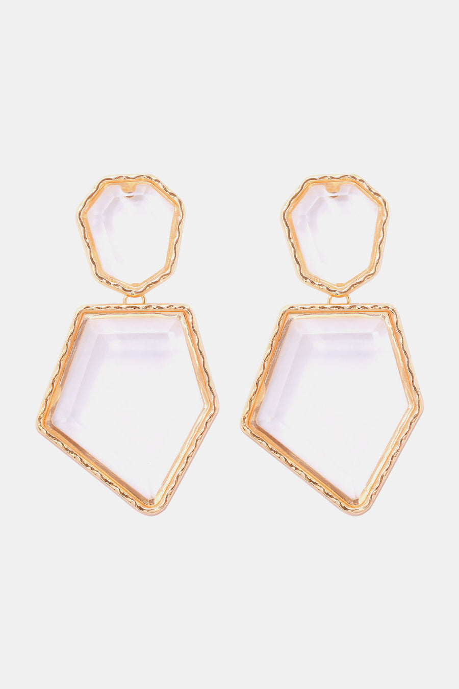 Resin facet drop earrings with gold trim, clear white.