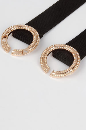 Black stretch belt with double embellished oval buckles and gold-tone alloy details.