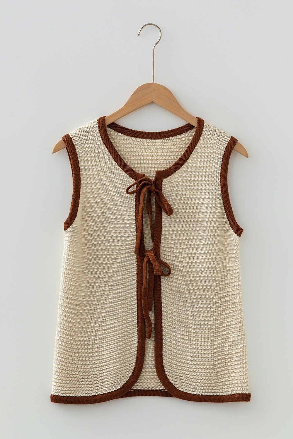 Contrast Trim Tie-front Sweater Vest in Beige