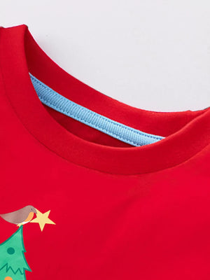Red cotton t-shirt with Christmas tree and bird graphic, blue neck trim