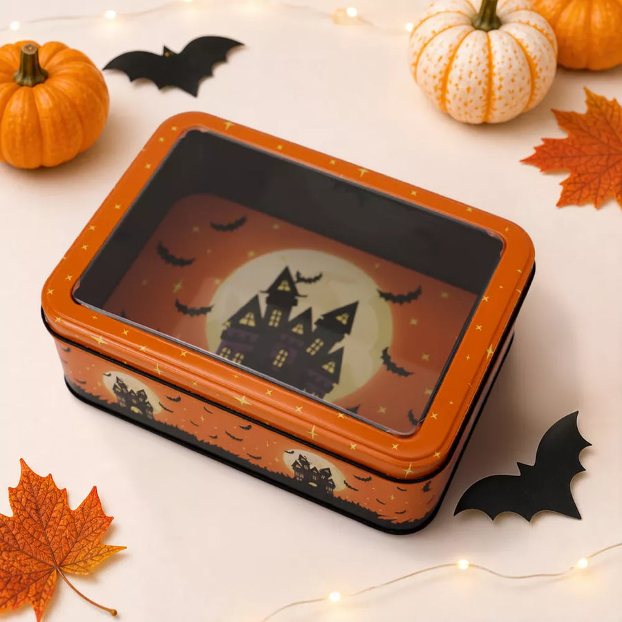 Orange storage box with removable lid and graphic-print