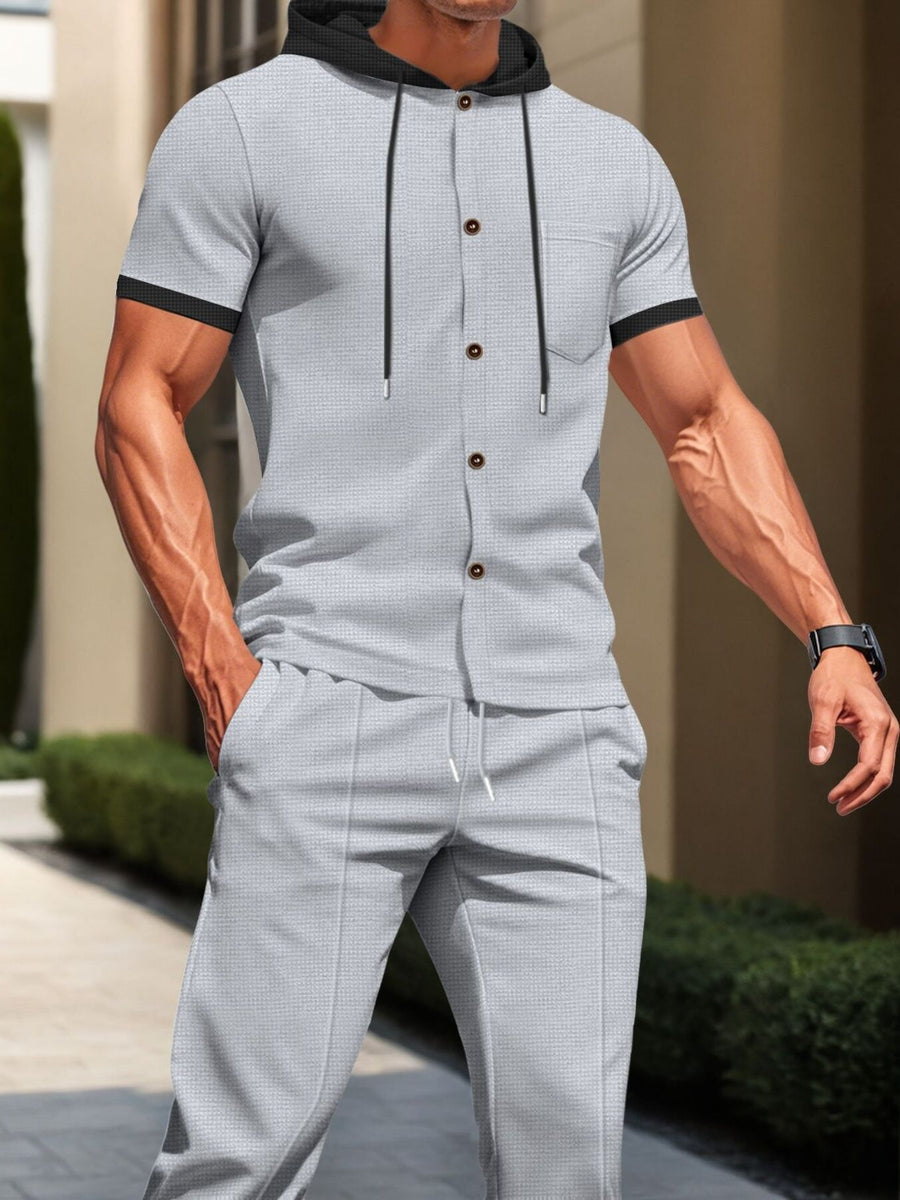 Khaki Men's Short-sleeve Hooded Top And Shorts Set