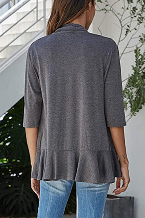 Dark Gray cardigan with 3/4 sleeves and asymmetrical ruffle hem detail.