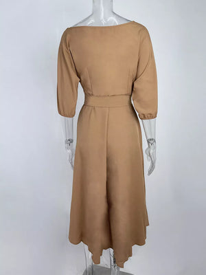 Camel off-the-shoulder belted midi dress with 3/4 sleeves and asymmetrical hem