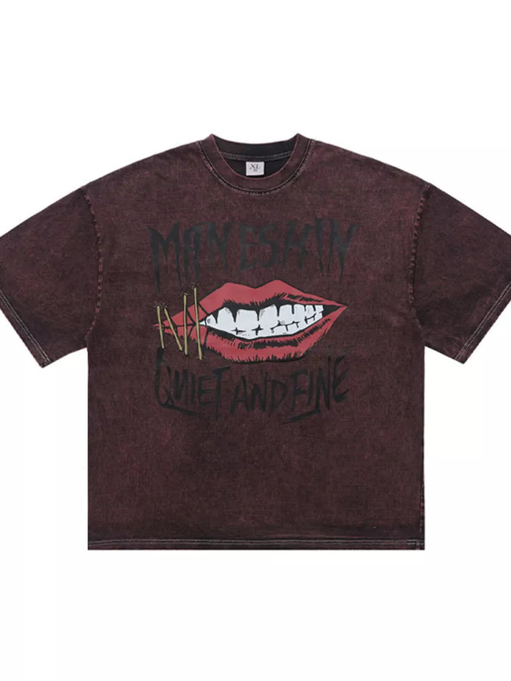Burgundy crew neck t-shirt with edgy lip graphic and text.