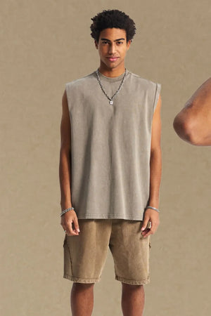 Washed cotton muscle tee in gray, relaxed fit, crew neck, sleeveless.