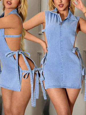 mini dress in light blue featuring tied and fitted fit