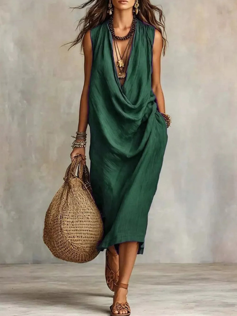 Red Full Size Cowl Neck Sleeveless Midi Dress