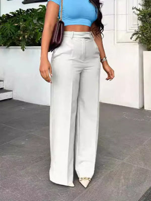 Ivory white high-waisted wide-leg trousers with a relaxed fit.