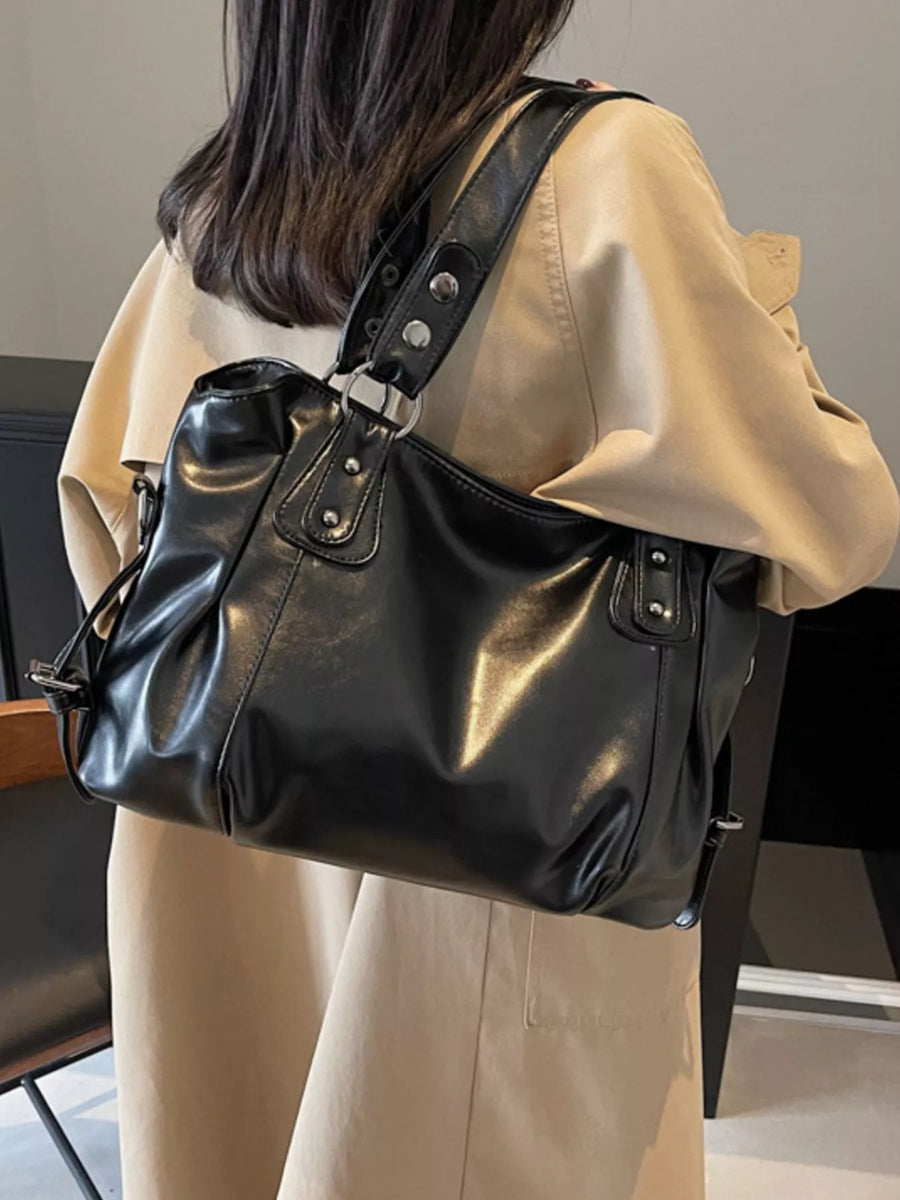 Large black vintage PU leather shoulder bag with silver hardware and ruched detailing.