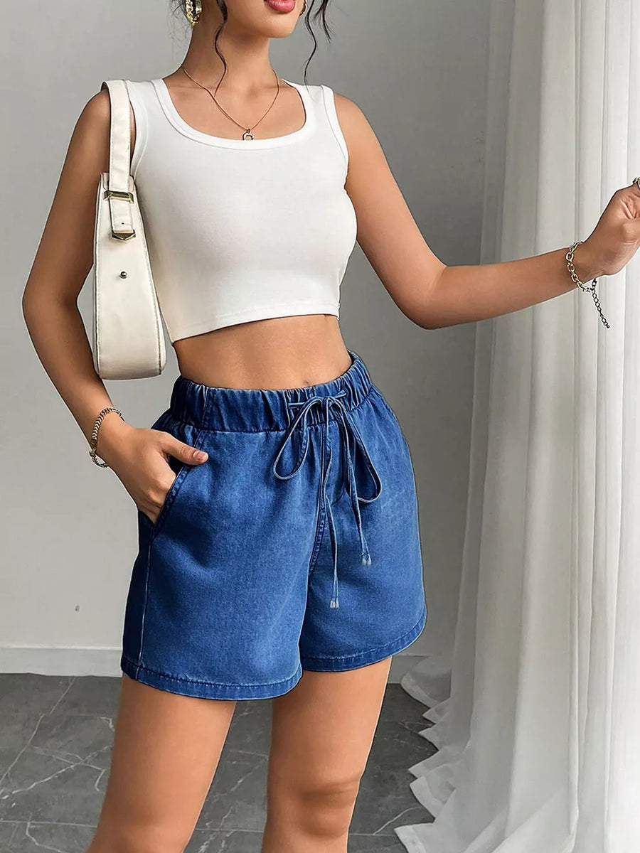 Drawstring High Waist Denim Shorts option 8