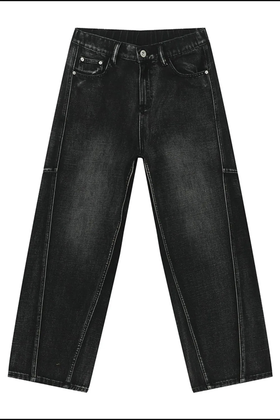 Dark wash denim trousers with exaggerated seam details and a wide leg