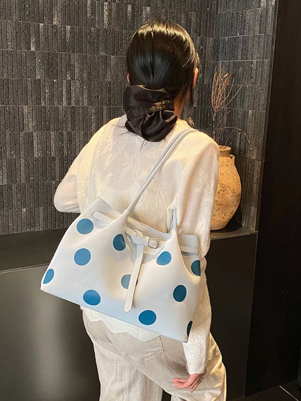 Polka Dot Medium Shoulder Bag in Pastel Blue