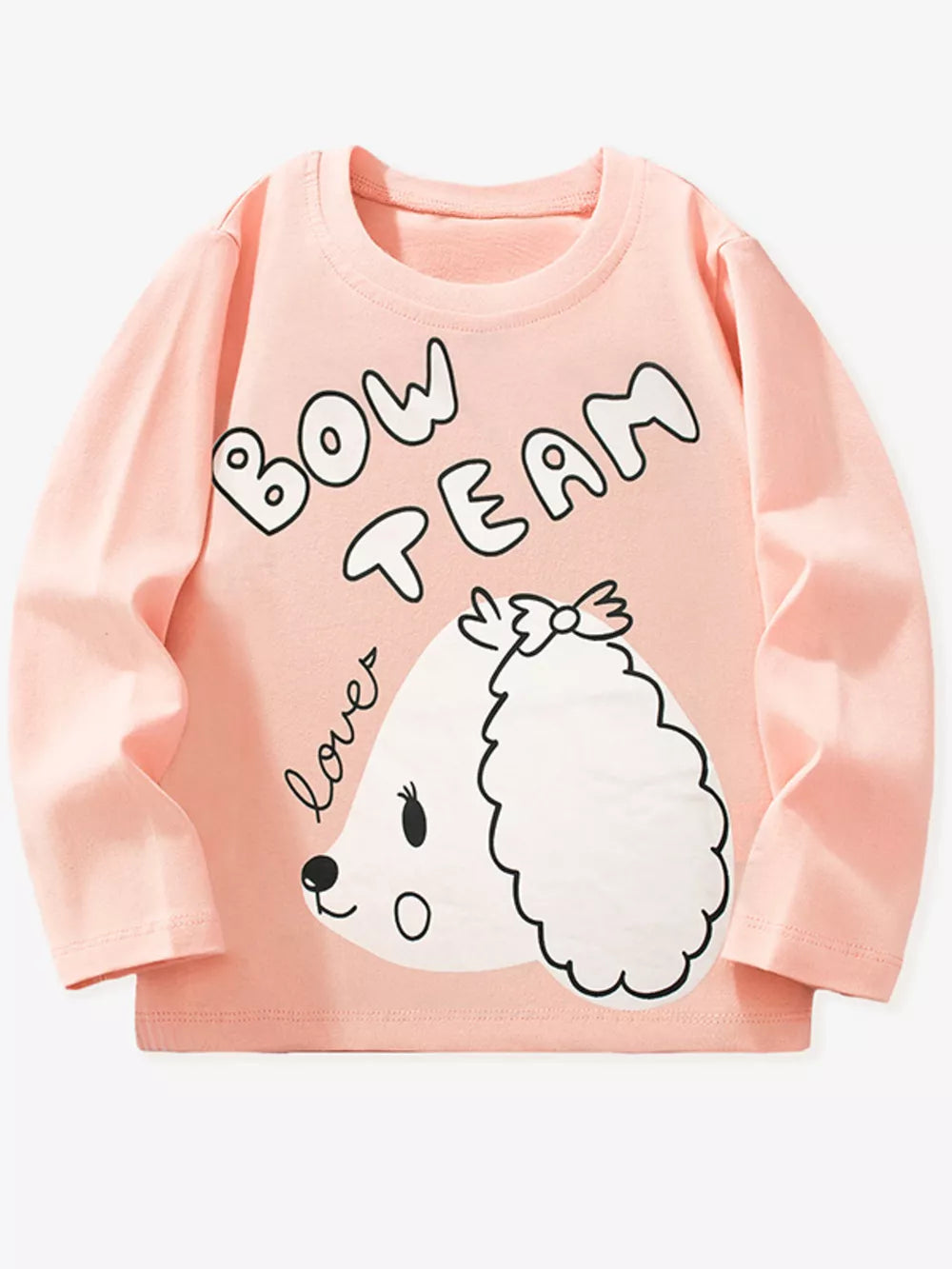 Pink long sleeve cotton t-shirt with crew neck and dog graphic with "BOW TEAM" text