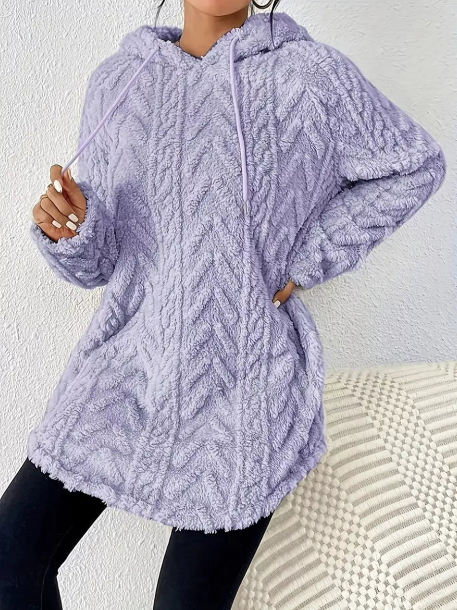 Purple textured fleece hoodie with drawstring and long sleeves, styled casually.