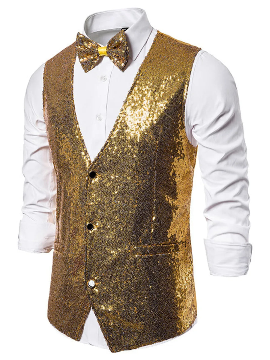 Gold sequin men's vest with a V-neck and button closure, paired with a white shirt and bow tie.