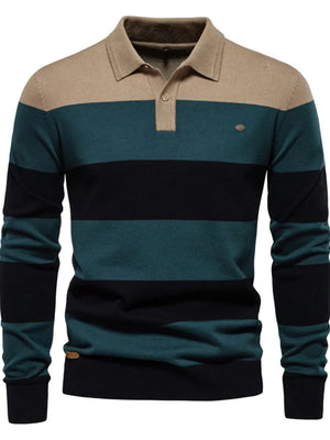 Colorblock knit polo with ribbed collar in tan, teal, and black stripes.