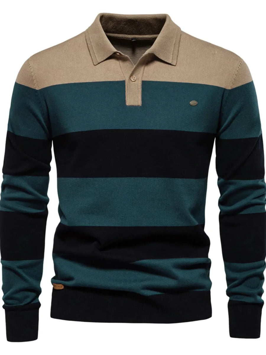 Colorblock knit polo with ribbed collar in tan, teal, and black stripes.