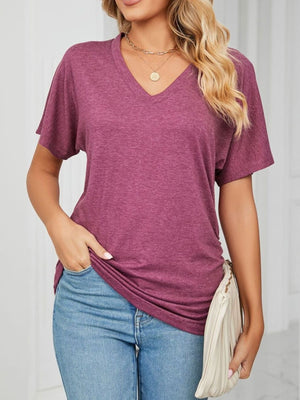 Burgundy relaxed V-neck t-shirt with short sleeves and a draped fit.