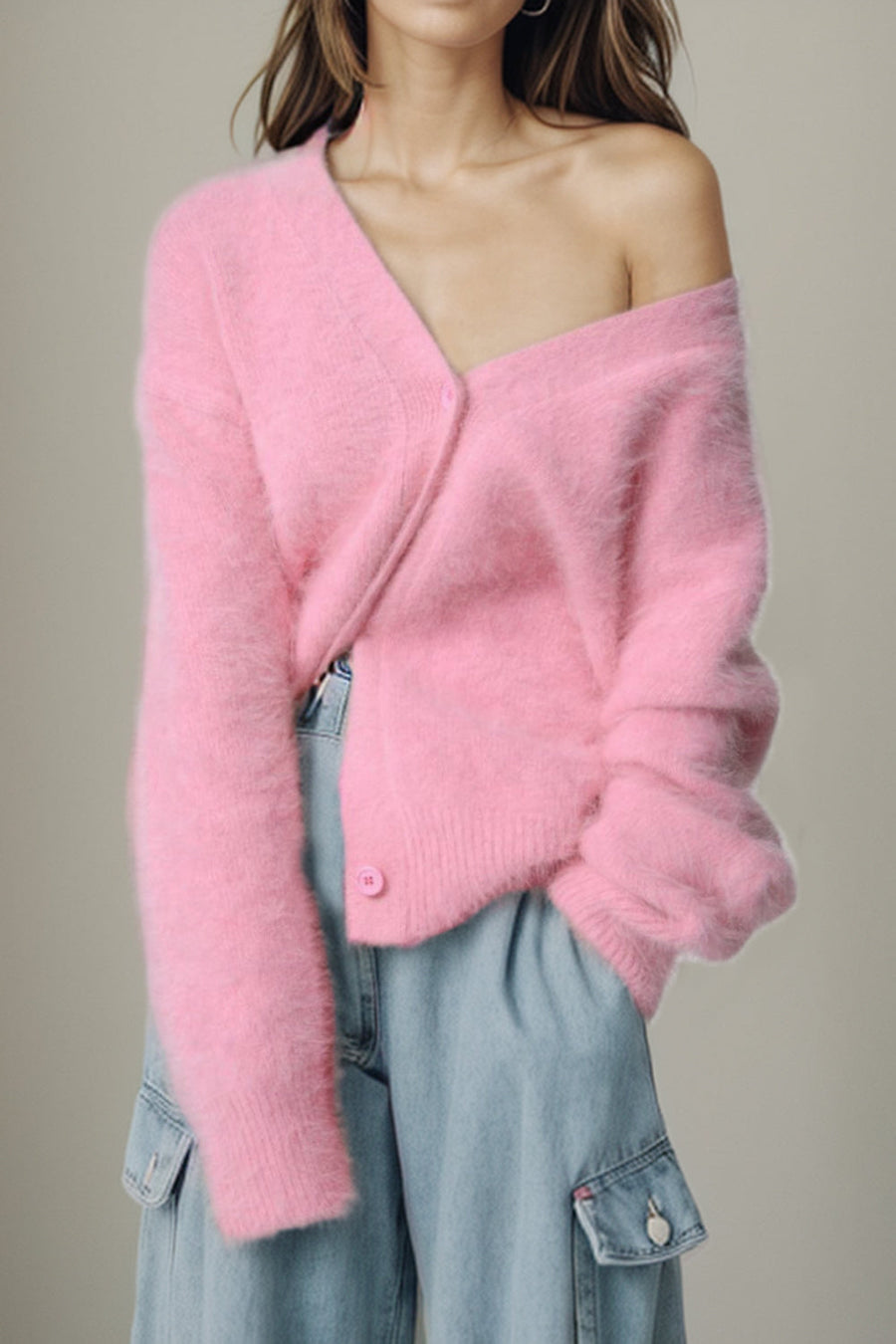 Fluffy angora V-neck cardigan in Blush Pink with button closure.