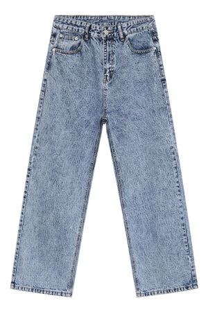 Acid wash wide-leg jeans in medium blue denim with a relaxed fit.