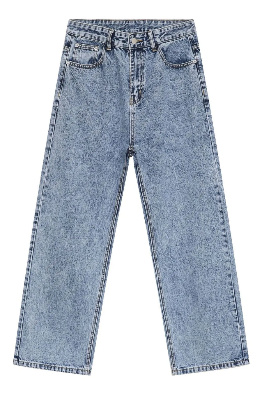Acid wash wide-leg jeans in medium blue denim with a relaxed fit.